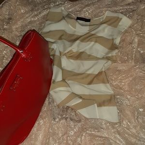 Tan and White Striped Cap Sleeve Top Size S ☆